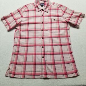 Patagonia Mens S Shirt Pink Plaid Seersucker Organic Cotton Short Sleeve Preppy